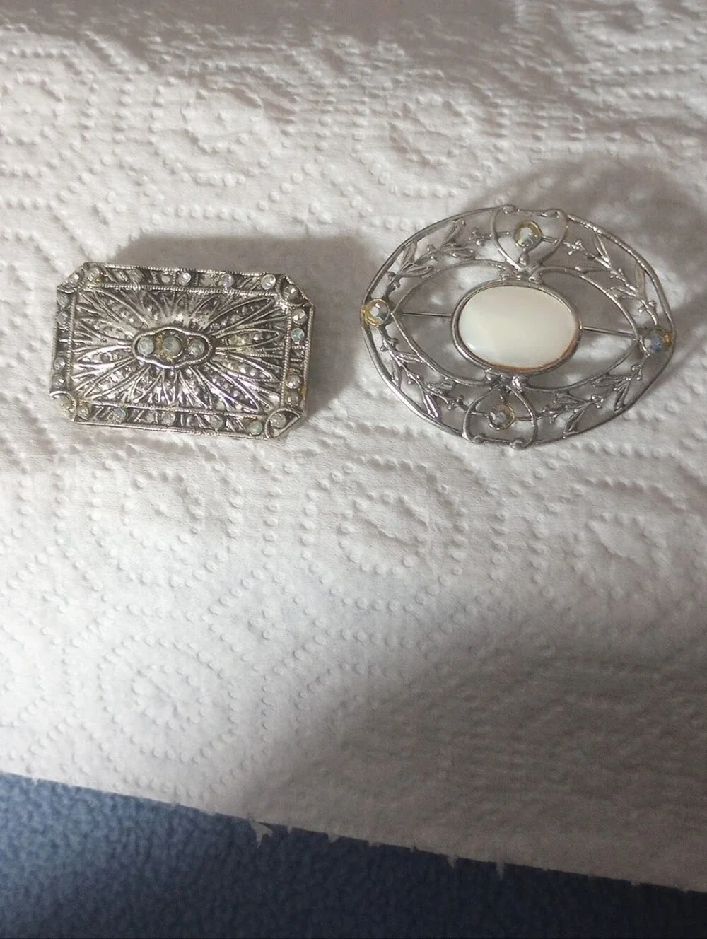 Antique, Victorian,Silver Filigree Brooches with Mother of Pearl,Crystal Accent